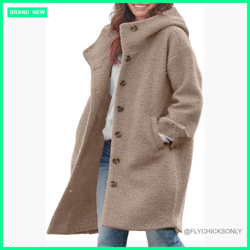 Women's Wool Blend Trench Coat with Hood, Single Breasted Long Winter Coat